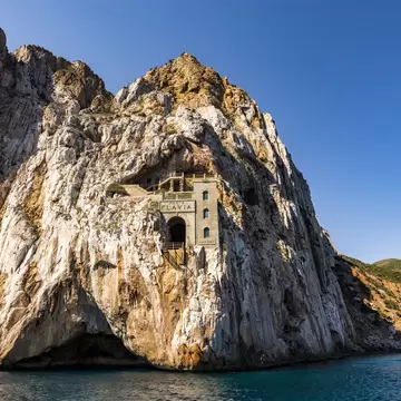 Porto Flavia, is a mine gallery designed by Engineer Cesare Vecelli in 1924, Masua, Sardinia; Italy; Shutterstock ID 668632018;