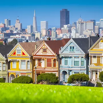 Classic postcard view of famous Painted Ladies, a row of colorful Victorian houses at scenic Alamo Square, with San Francisco skyline in the background on a beautiful sunny day with blue sky in summer
568363738
alamo square, america, american, architecture, buildings, california, city, cityscape, colorful, colors, downtown, facade, grass, green, hill, historic, holidays, homes, houses, landmark, landscape, north america, old, outdoor, painted ladies, panorama, park, residential, roofs, rooftops, row, rowhouses, san francisco, skyline, square, street, tourism, tourist attraction, town, travel, travel destination, trees, united states, united states of america, urban, usa, vacation, victorian, windows, wooden