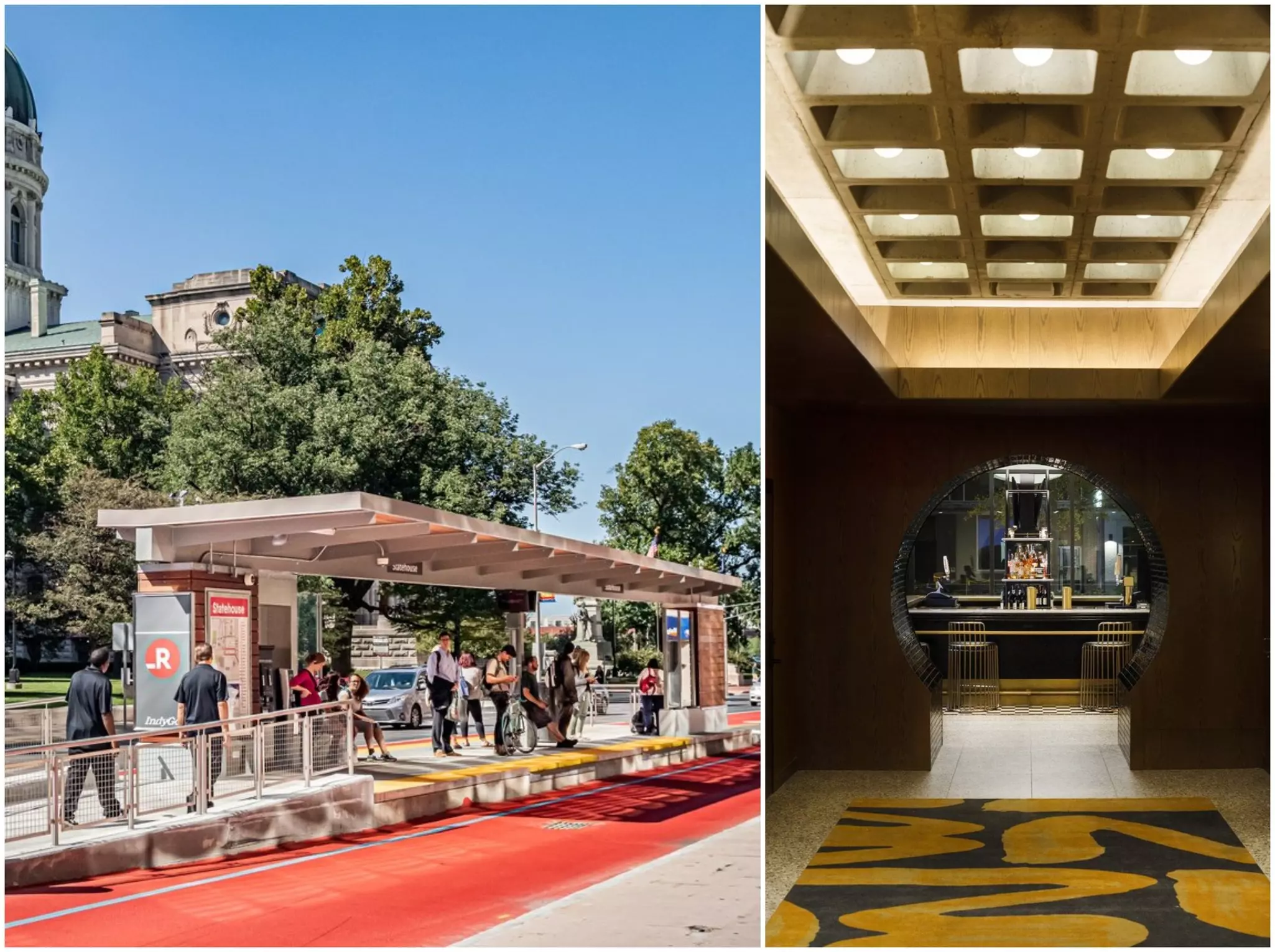 Left, a bus stop in Indianapolis. Right, the lobby of Hotel Indy.