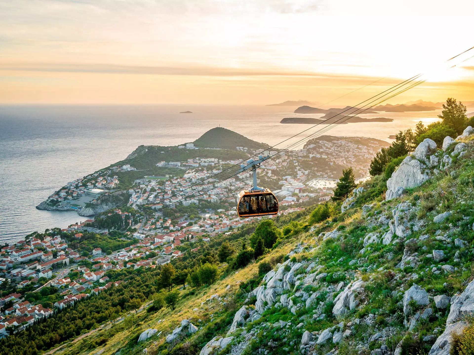 Dubrovnik's cable car traveling up Mt Srđ at sunset. Samantha Ohlsen/Alamy Stock Photo