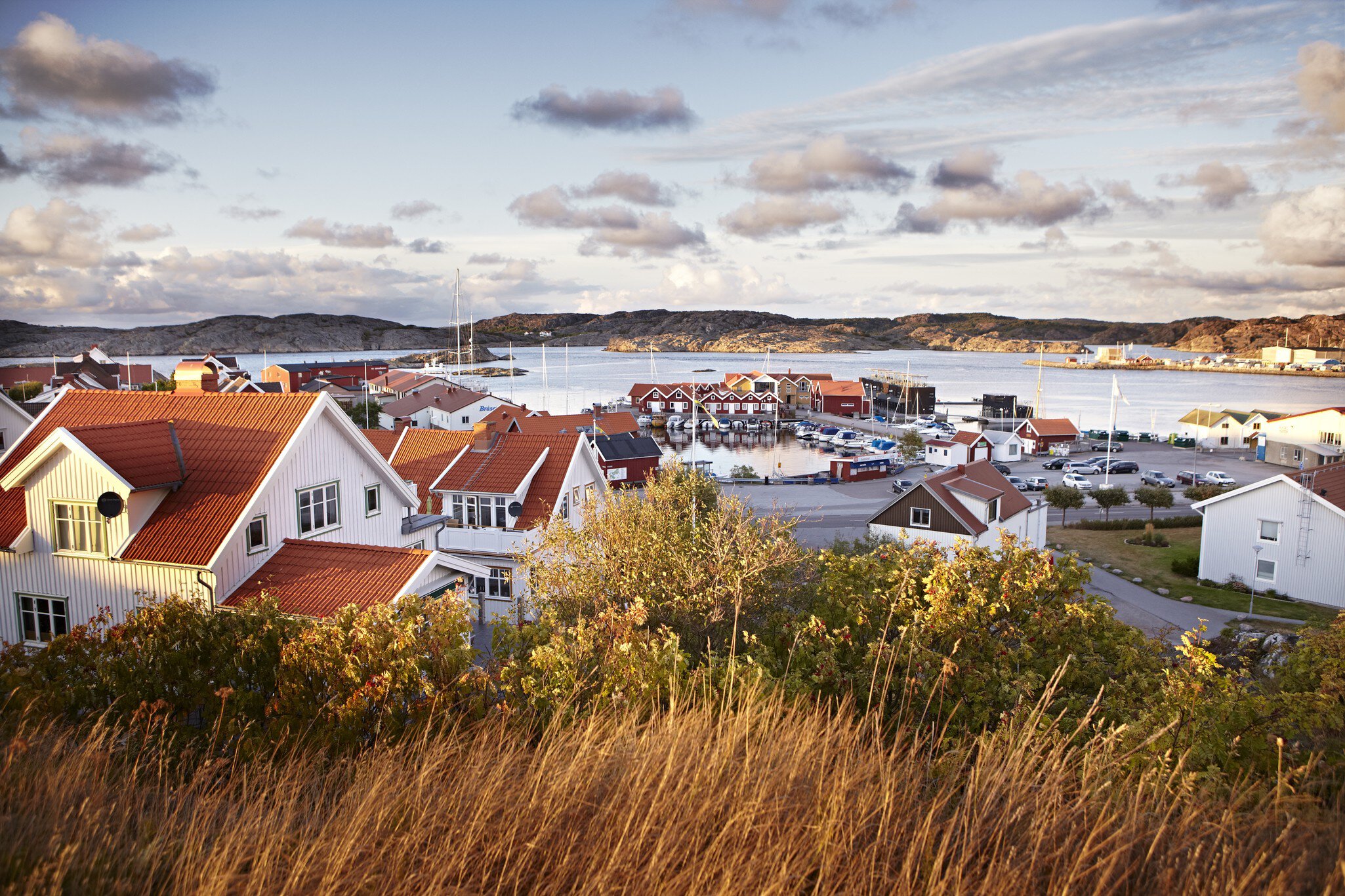 Cityscape from the harbor with Fjallbacka church (Fjällbacka kyrka) on the Swedish West Coast.