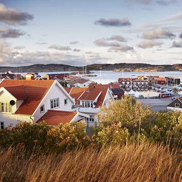 Cityscape from the harbor with Fjallbacka church (Fjällbacka kyrka) on the Swedish West Coast.