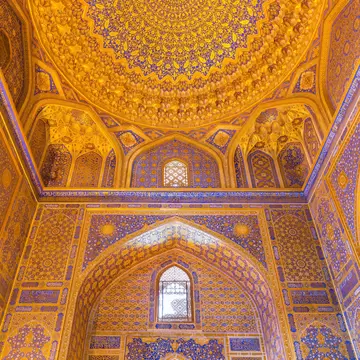 SAMARKAND, UZBEKISTAN - AUGUST 28, 2016:  Detail of gold mosaic in Tilya Kori Madrasah in Samarkand, Uzbekistan; Shutterstock ID 567517564; purchase_order: 65050; job: ; client: ; other: