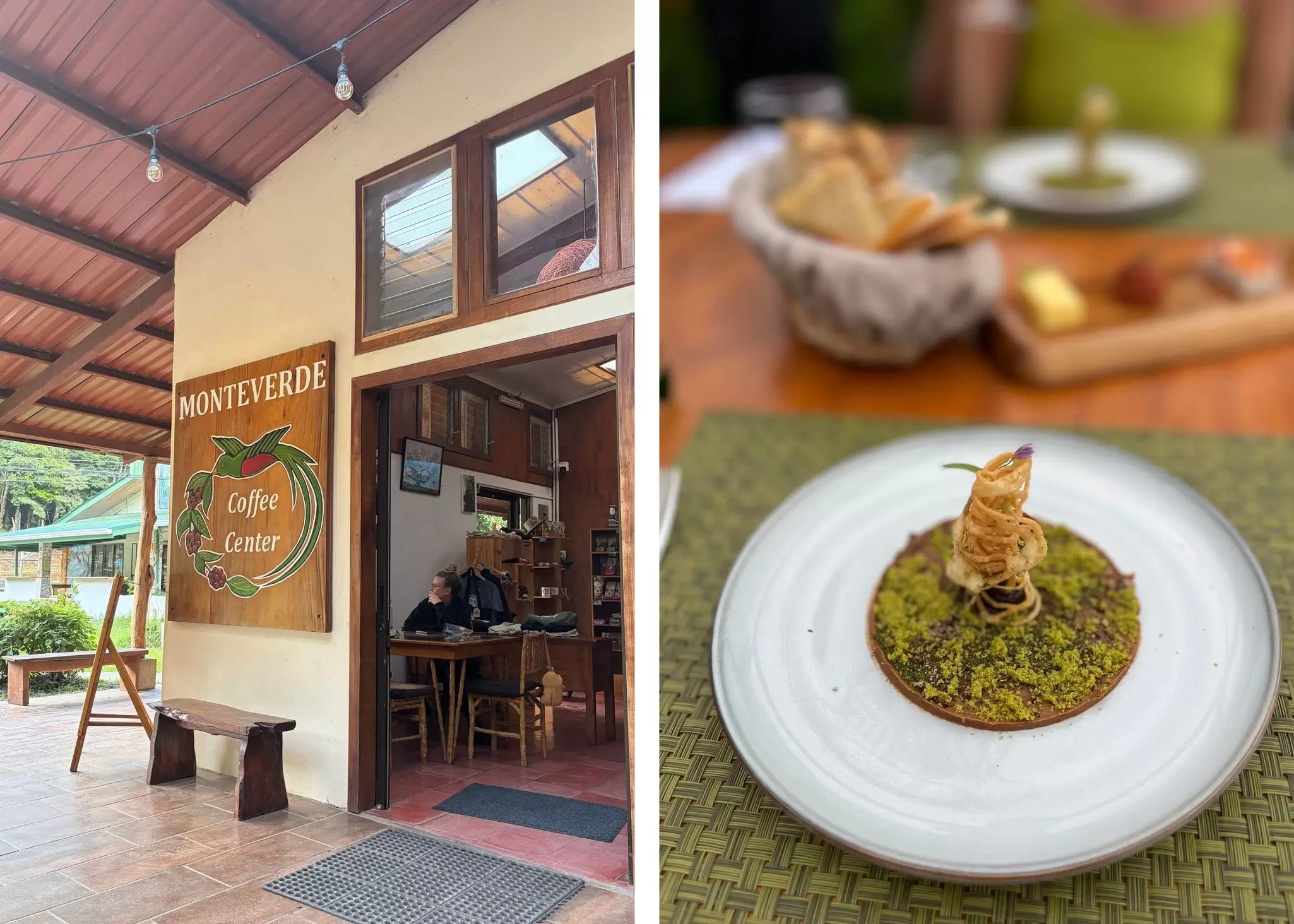 images of the entry to and inside the wooden coffee shop in costa rica, food on the table inside a high end treetop restaurant