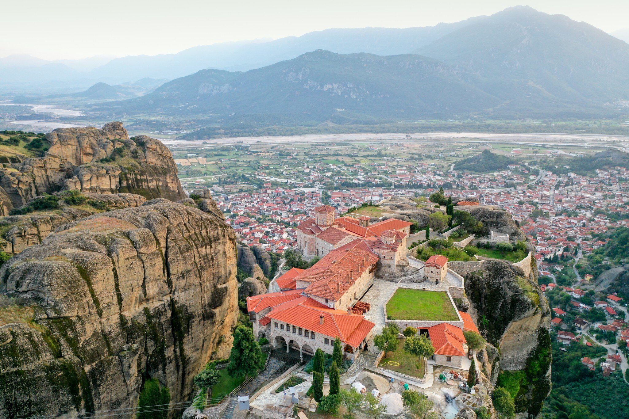 Aerial view of Moni Agias Triadas (Agia Triada Monastery) in Meteora, Greece.