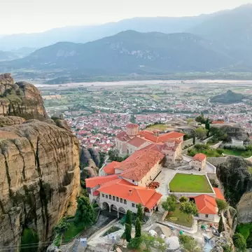 Aerial view of Moni Agias Triadas (Agia Triada Monastery) in Meteora, Greece.