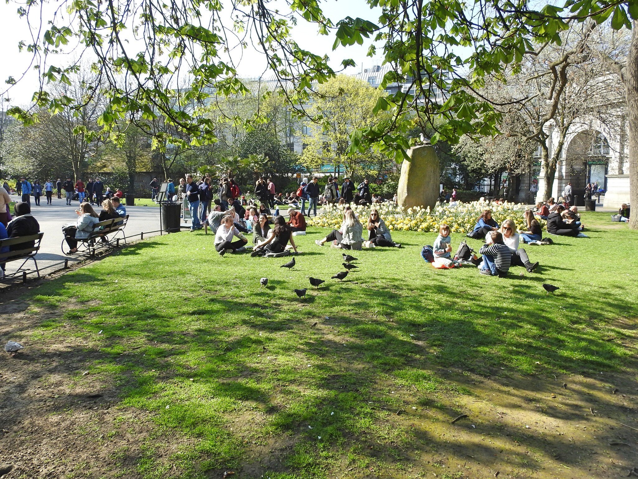 Crowds relaxing on the grass at St Stephen's Green park in central Dublin on a sunny day