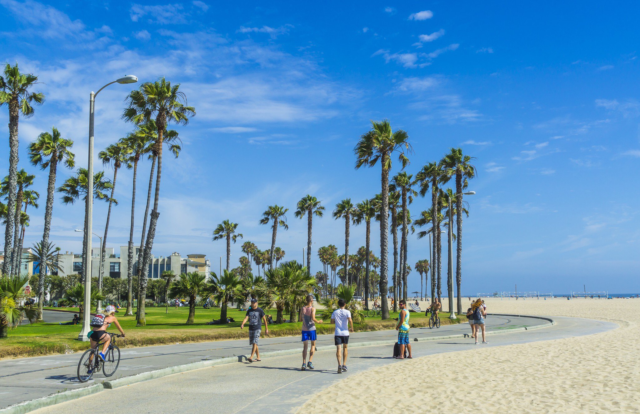 Pedestrians and cyclists on pathways next to Venice Beach in LA.
