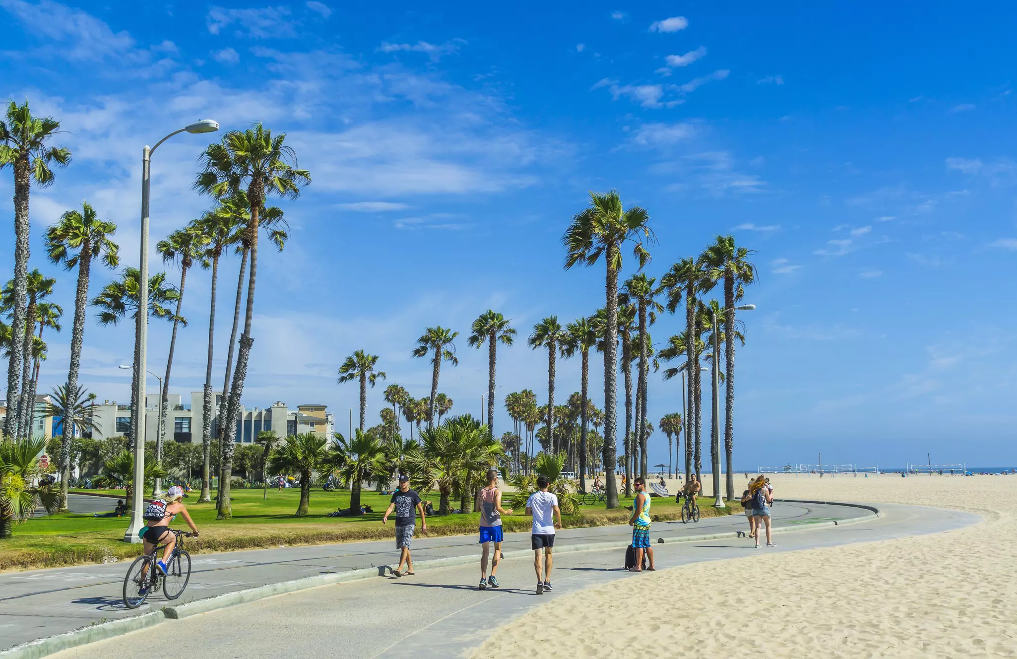 Pedestrians and cyclists on pathways next to Venice Beach in LA. 