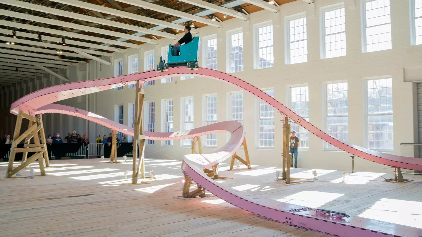 EJ’s Hill’s “Brake Run Helix” is a fully functioning roller coaster that has taken over one of MASS MoCA’s largest galleries for 2023 © Kaelan Burkett / courtesy of MASS MoCA