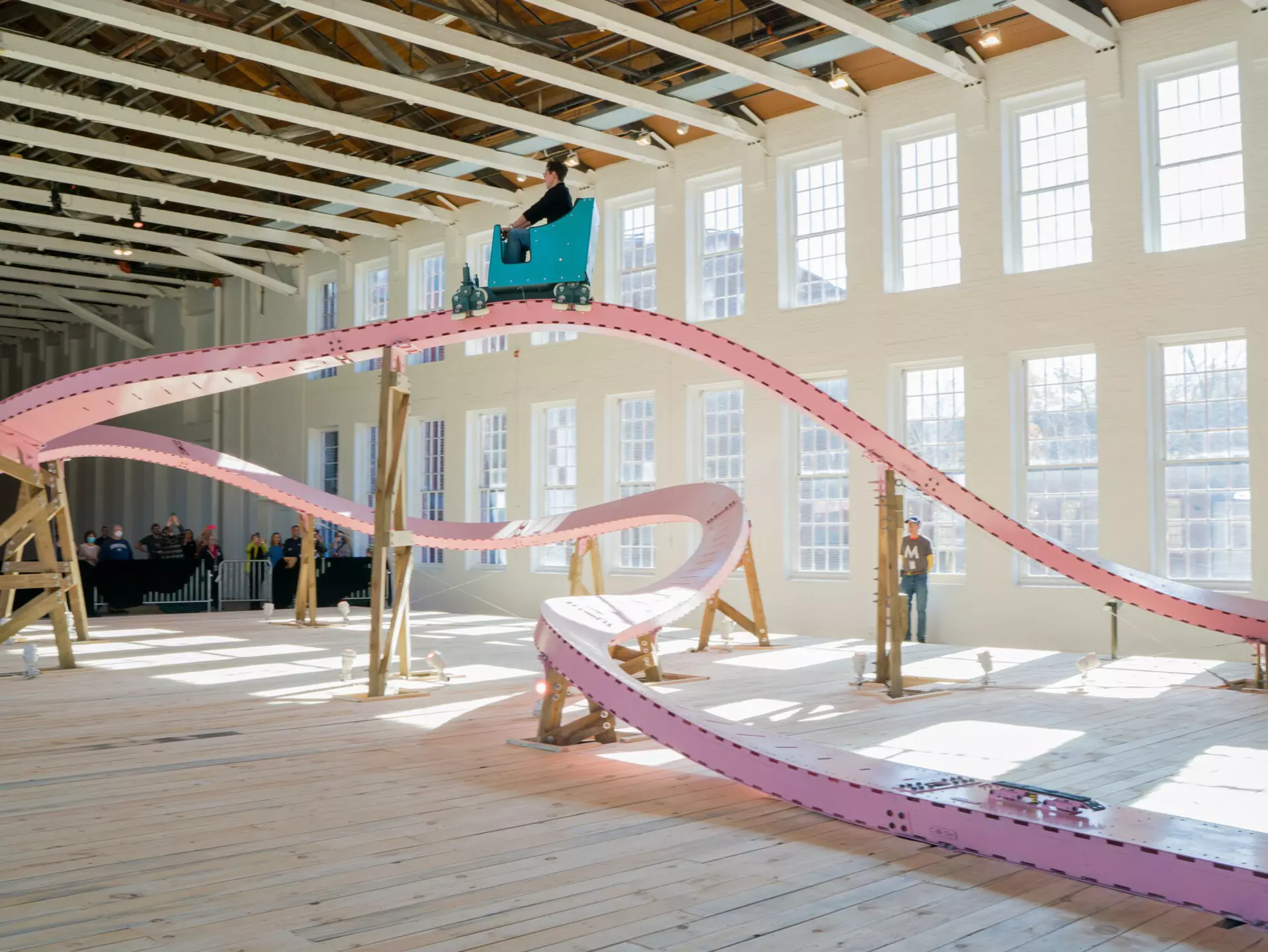 EJ’s Hill’s “Brake Run Helix” is a fully functioning roller coaster that has taken over one of MASS MoCA’s largest galleries for 2023 © Kaelan Burkett / courtesy of MASS MoCA