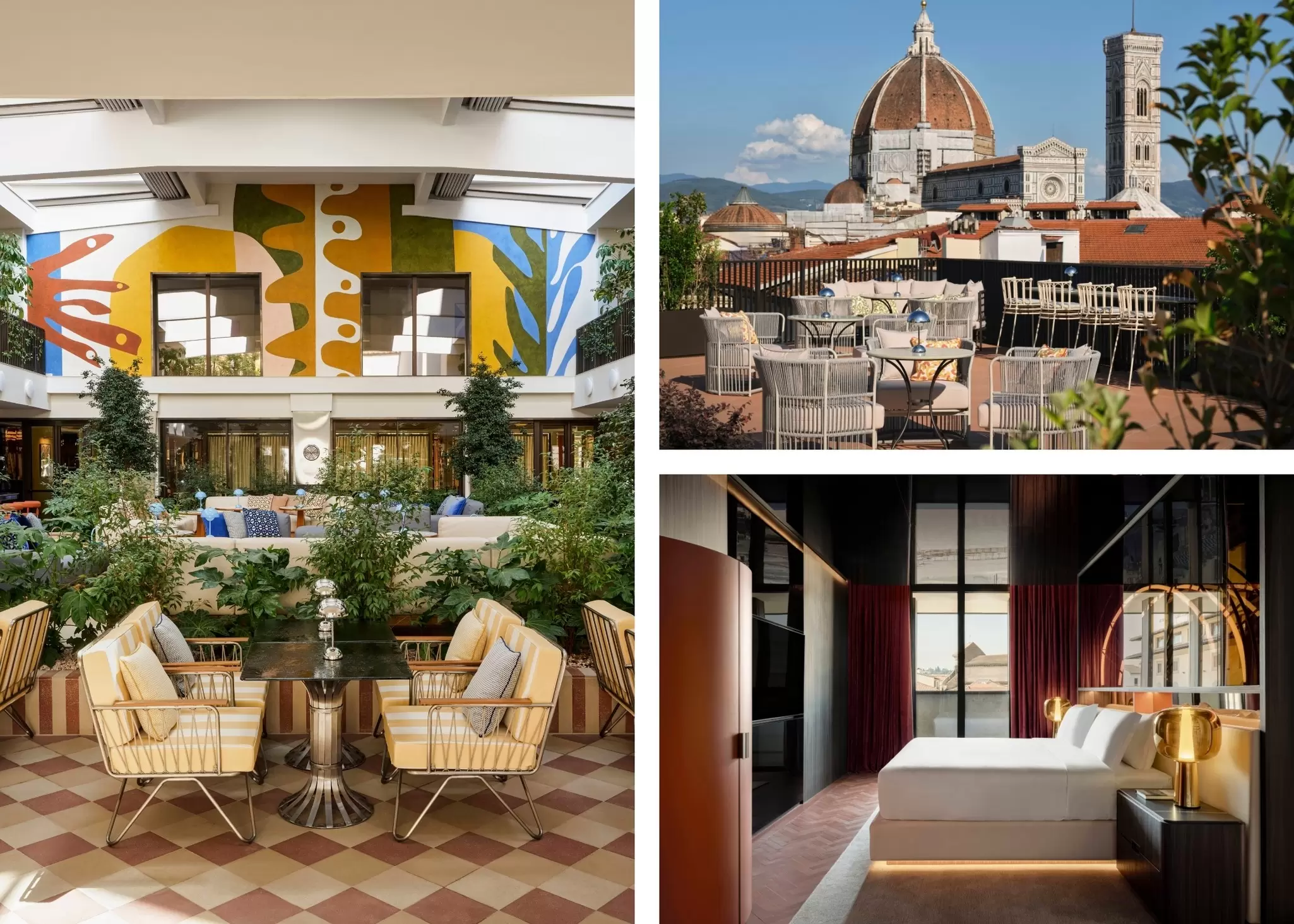 Collage
Handout images from W Hotel in Florence, Italy
To be used in "Where to stay in Florence"
Credit: W Florence

Left: The W Florence's hotel lobby. Top right: Views of the Dumo from the rooftop. Bottom right: A luxurious guest room. W Florence (3)