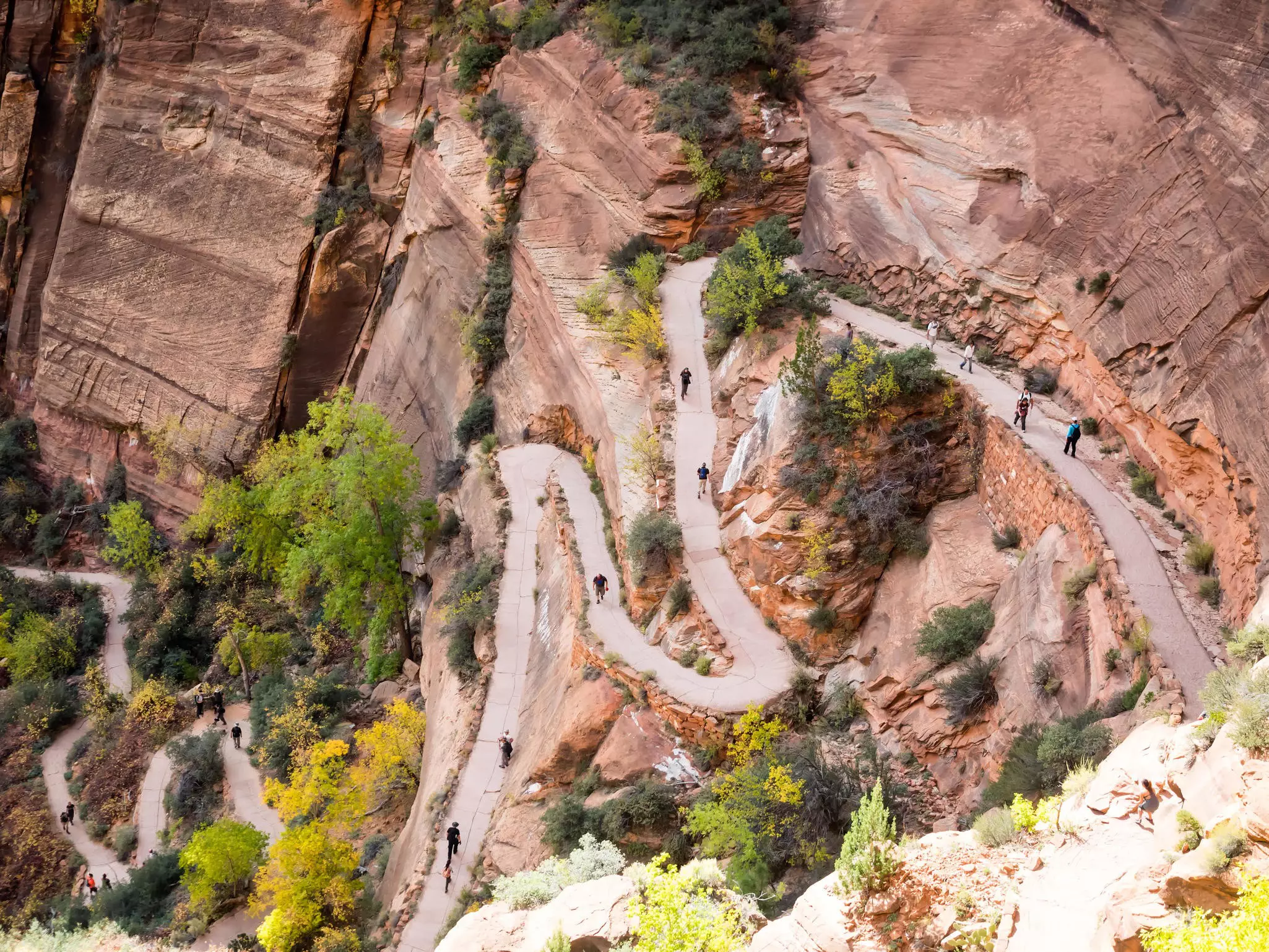 Hikers on a winding path up a red-rock cliff face
