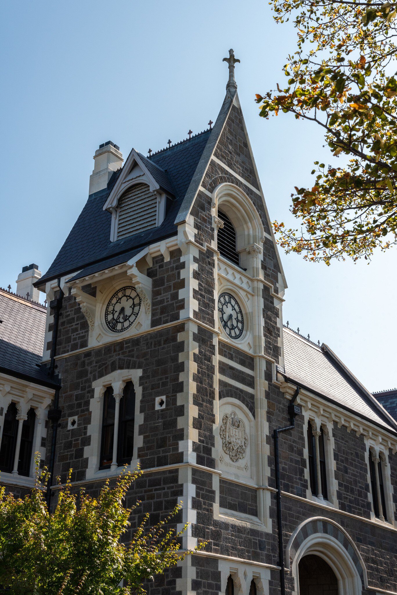 View of the clock tower of the Arts Centre in Christchurch, New Zealand.