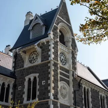 View of the clock tower of the Arts Centre in Christchurch, New Zealand.
