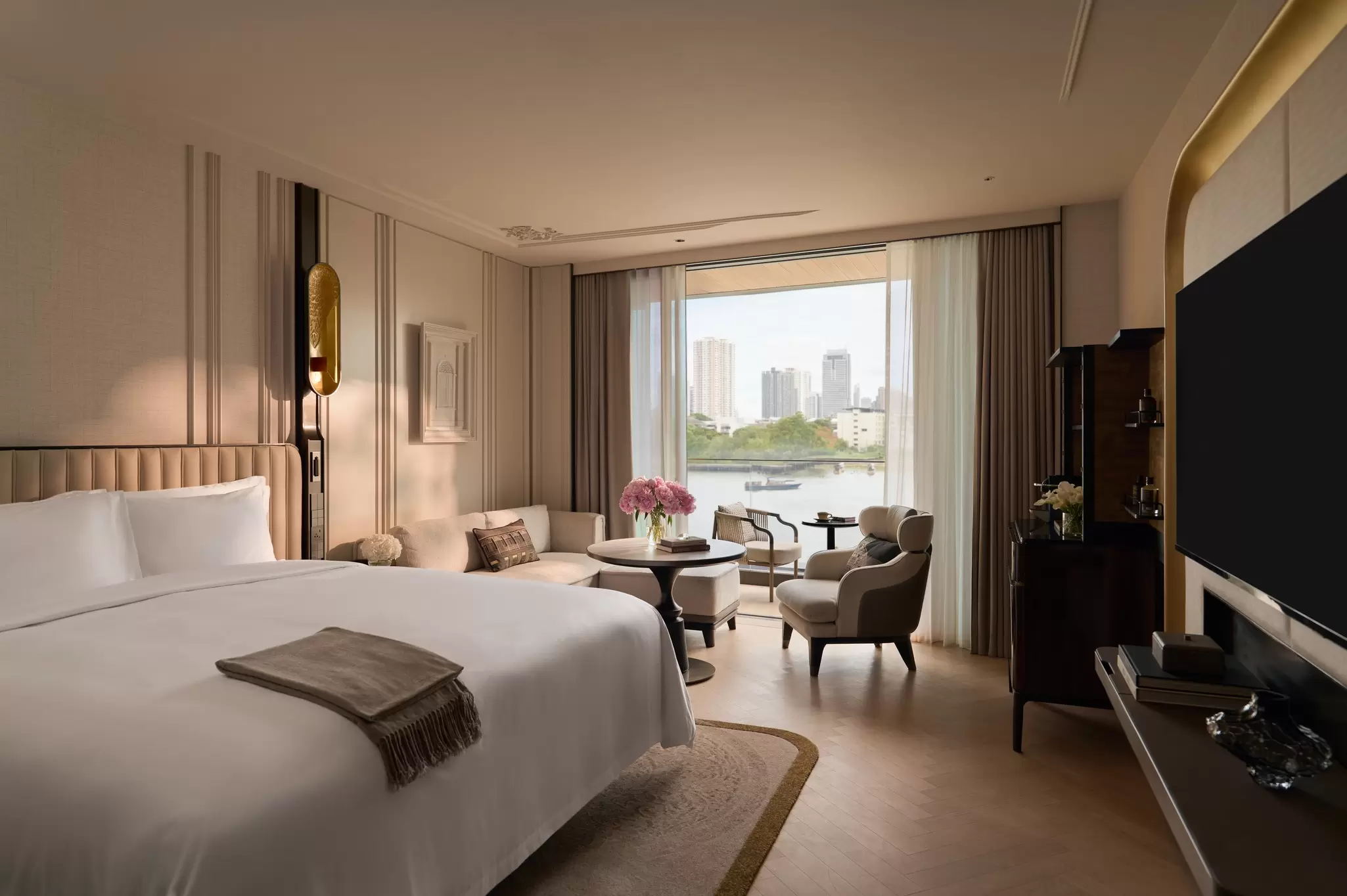 A river view from a deluxe room at The Langham, Custom House, in Bangkok, Thailand.