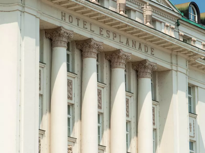 Partial view of Hotel Esplanade's grand exterior in Zagreb