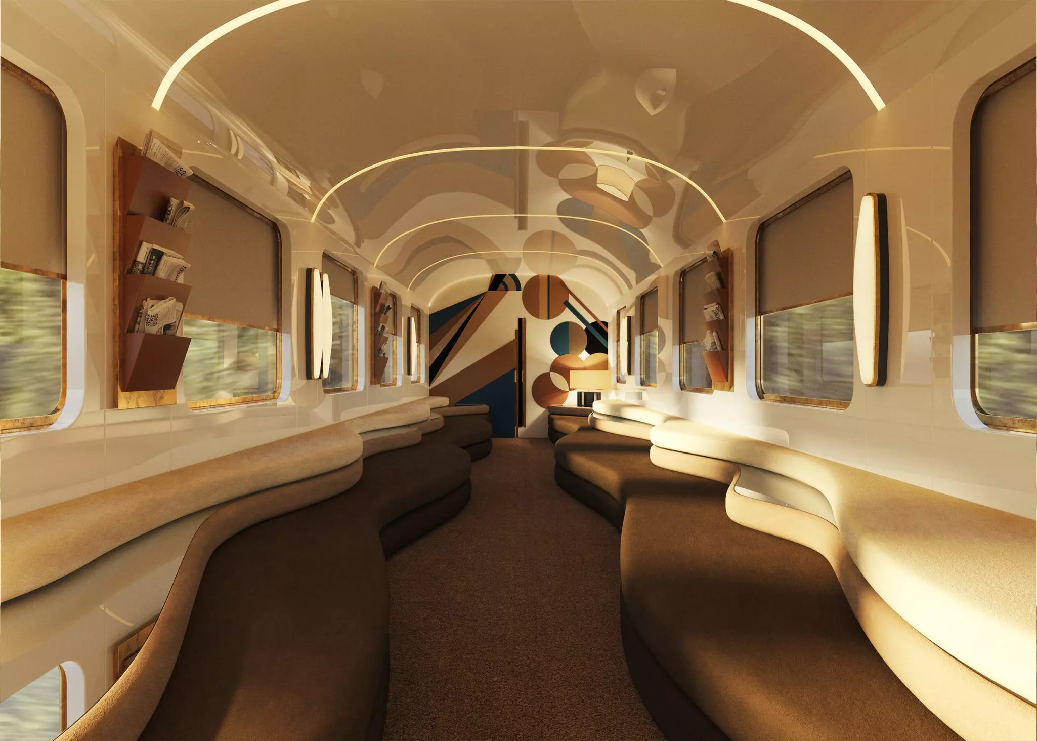The midcentury-style lounge of the new Orient Express La Dolce Vita train
