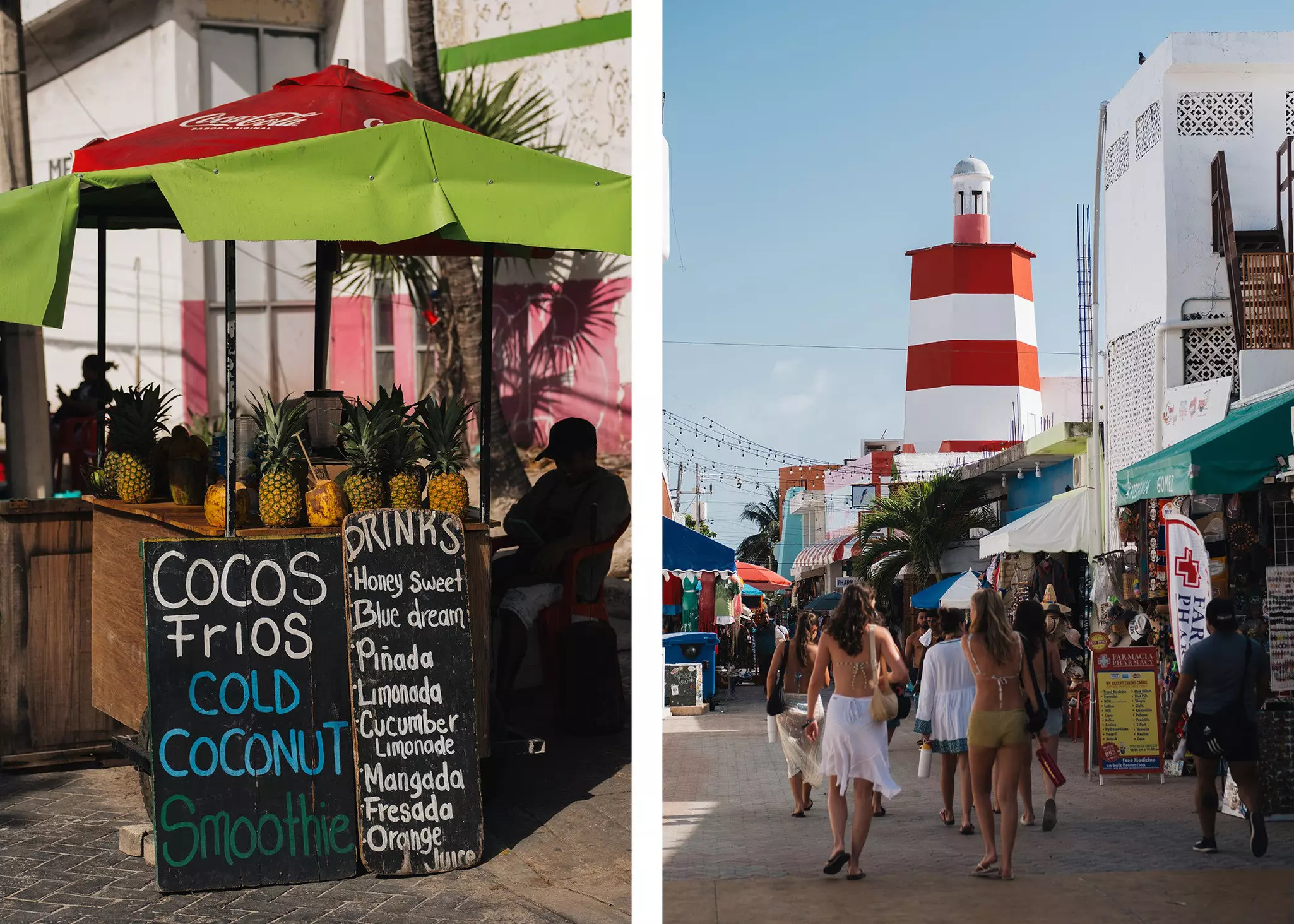 Left, a coconut and smoothie stand on the street; right, people walking in a pedestrian street with shops