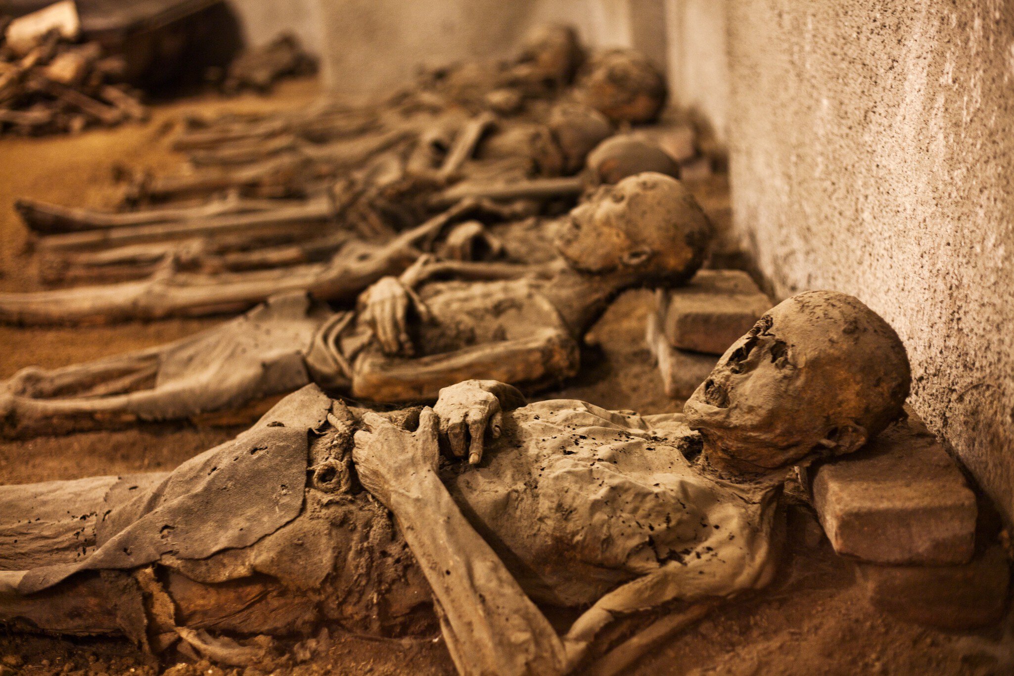 Close-up image of skeletal remains at the Capuchin crypt in Brno, Czech republic.