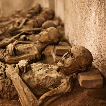 Close-up image of skeletal remains at the Capuchin crypt in Brno, Czech republic.