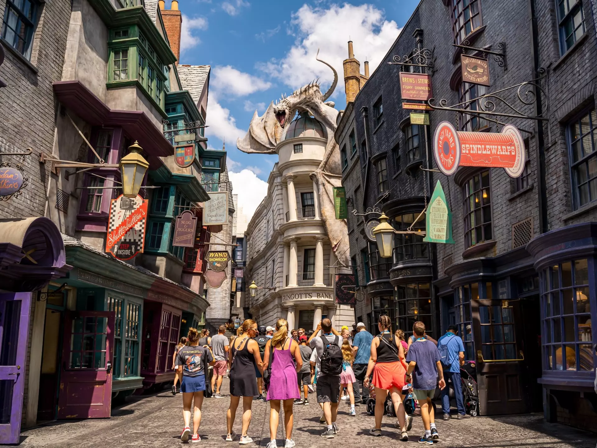 Visitors explore Diagon Alley at The Wizarding World of Harry Potter at Universal Studios Orlando, Florida.