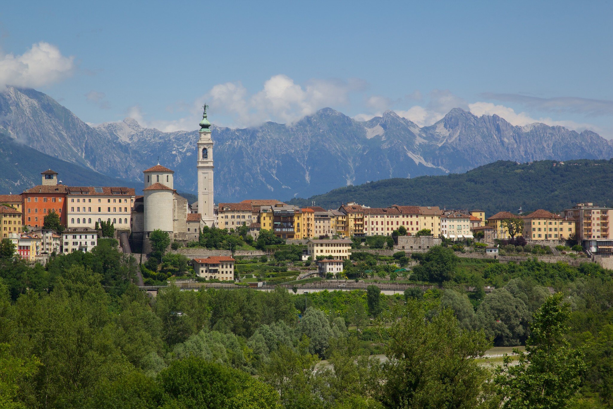 View of town and Duomo of San Martino, Belluno, Province of Belluno, Veneto, Italy, Europe