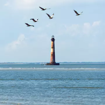 Morris Island Lighthouse near Folly Beach, South Carolina with flying seagulls, License Type: media, Download Time: 2025-01-30T20:49:01.000Z, User: katelyn.perry_lonelyplanet, Editorial: false, purchase_order: 65050 - Digital Destinations and Articles, job: Lonely Planet WiP, client: Lonely Planet WiP, other: Katelyn Perry