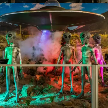 Space alien and flying saucer exhibit at the International UFO Museum and Research Center in Roswell, New Mexico