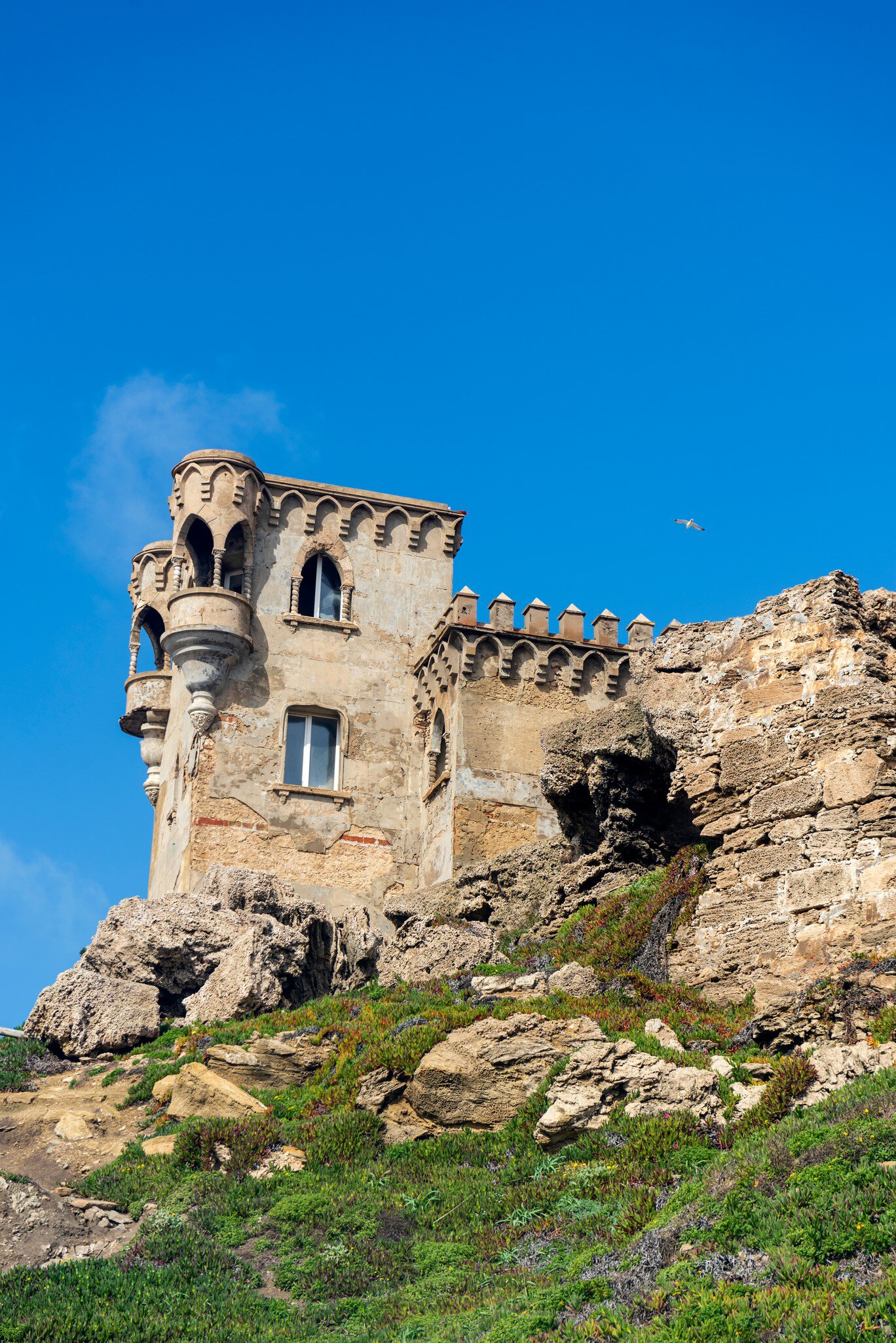 View of a tower of the Castillo de Guzmán el Bueno in Tarifa, Spain.