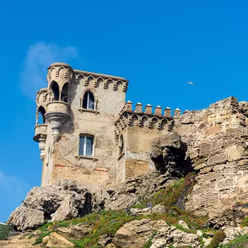 View of a tower of the Castillo de Guzmán el Bueno in Tarifa, Spain.