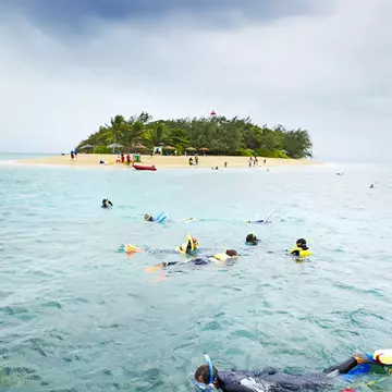 Tourists snorkeling offshore from Low Isles.
