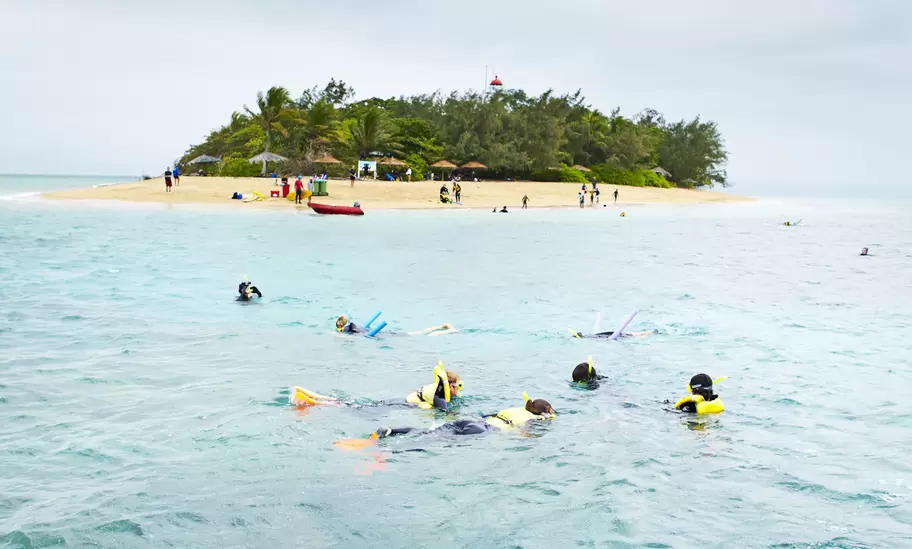 Tourists snorkeling offshore from Low Isles.