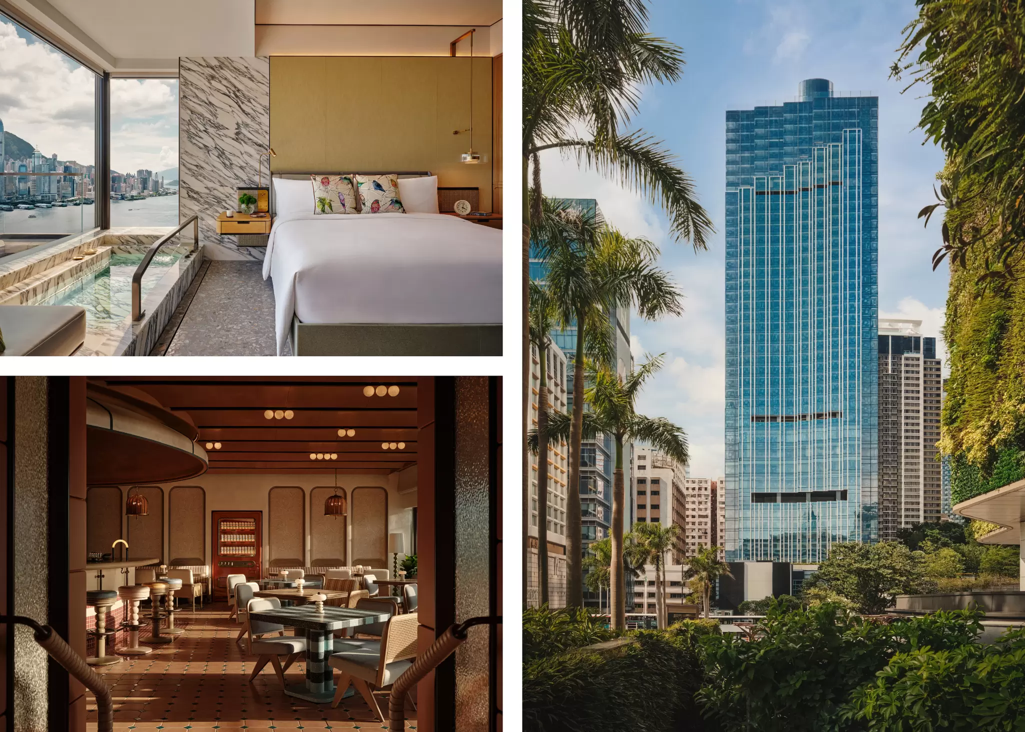 A collage of three images: one is a hotel room with a bath next to the large window overlooking a city; one is the exterior of a gleaming skyscraper; one is of a bar with tables and chairs arranged around it.