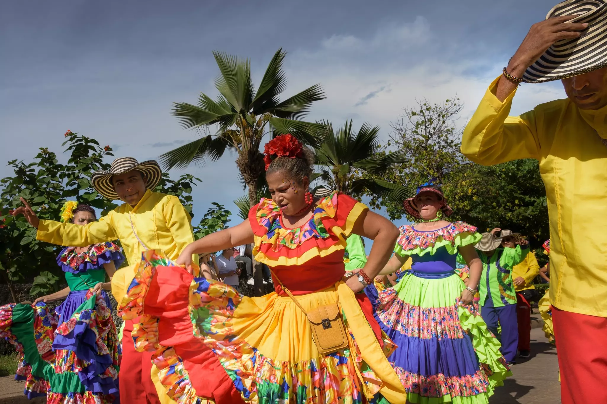 Cumbia dancers with vivid colours dressing in Cartagena celebration the day it declared independence from Spain