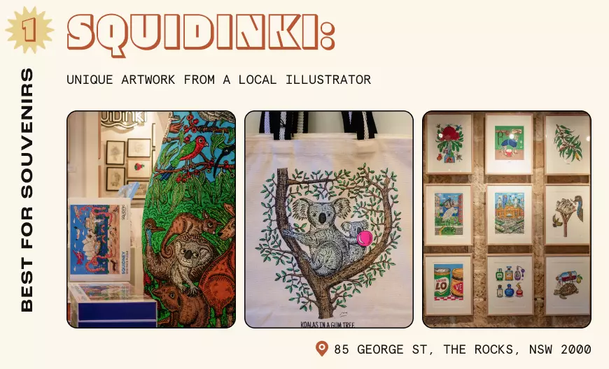 Three animal-themed pieces in a souvenir shop called Squidinki: a jigsaw with squids; a tote bag with koalas; a grid of framed sketches hanging on a wall