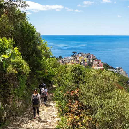 Two people walk a hiking path surrounded by vineyards overlooking an Italian seaside, clifftop village