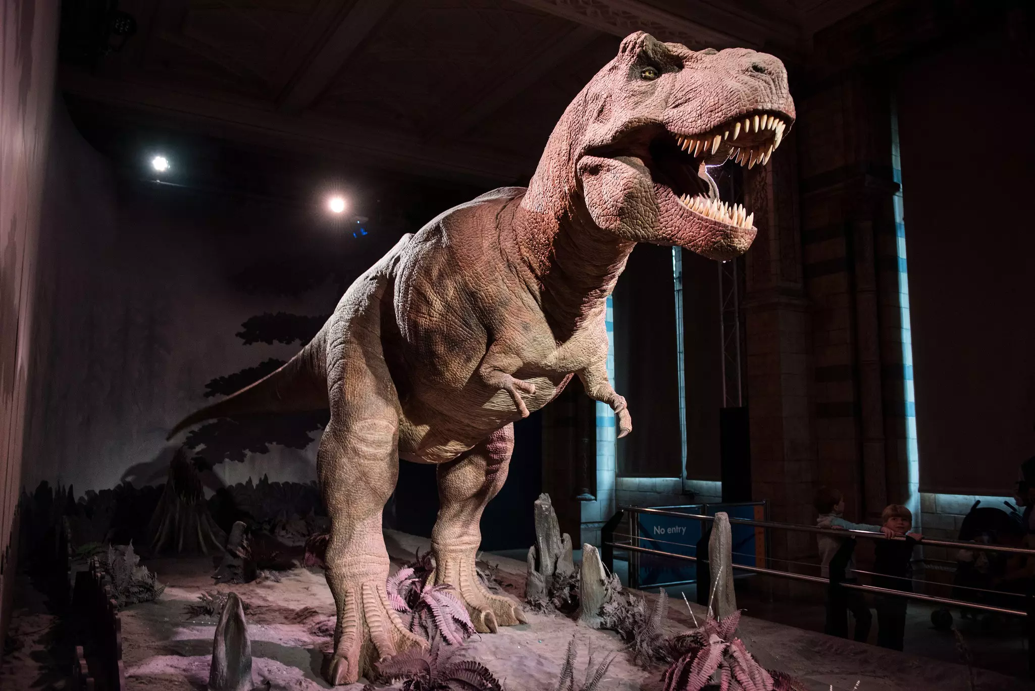 The animatronic Tyrannosaurus in the Dinosaur Zone of the Natural History Museum, London, England.