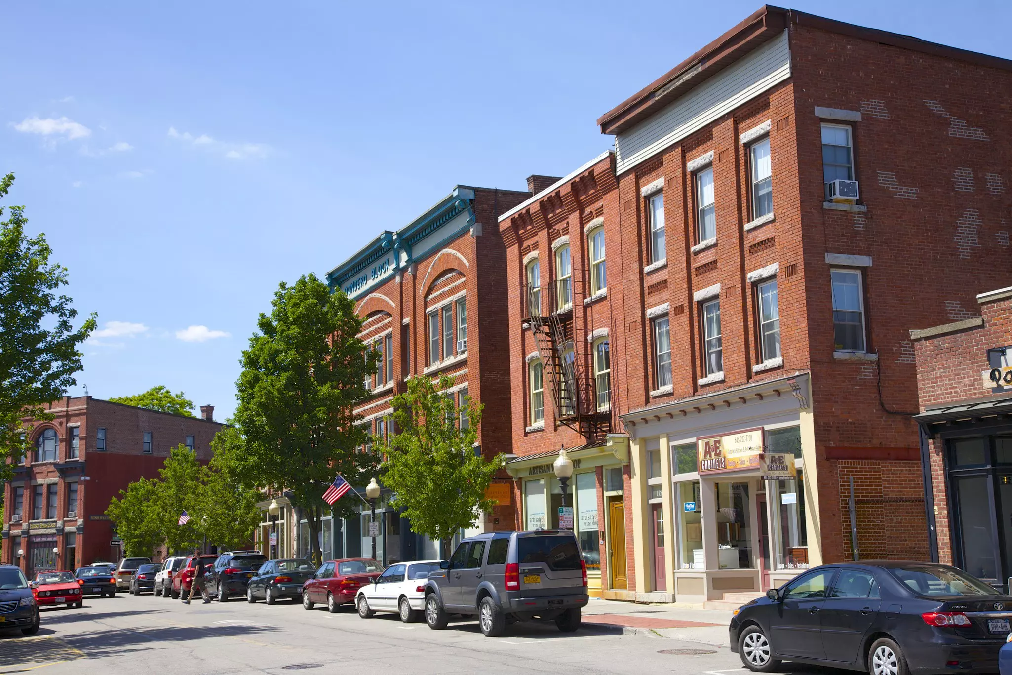 Main Street in Beacon, New York, with the mountains in the distance
