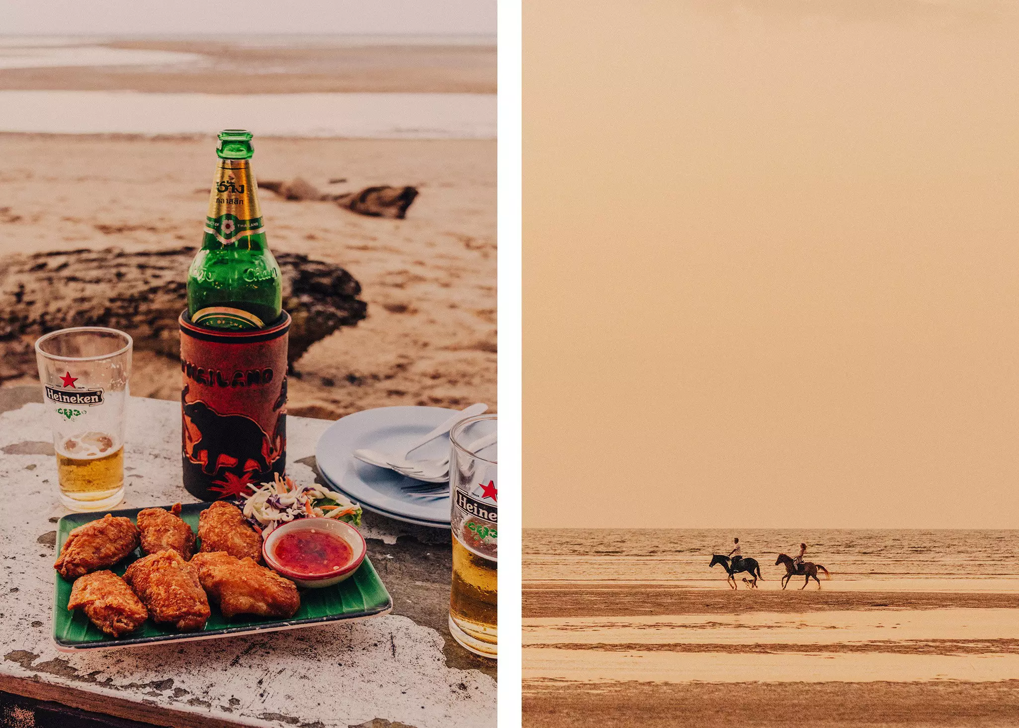Left: A table on the beach with a plate of chicken and beers. Right: Two people horseback riding on the beach at sunset.