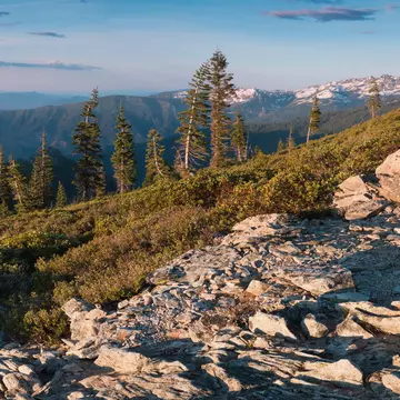 Snow-capped peaks and sunshine in Castle Crags State Park. Michal Balada/Shutterstock