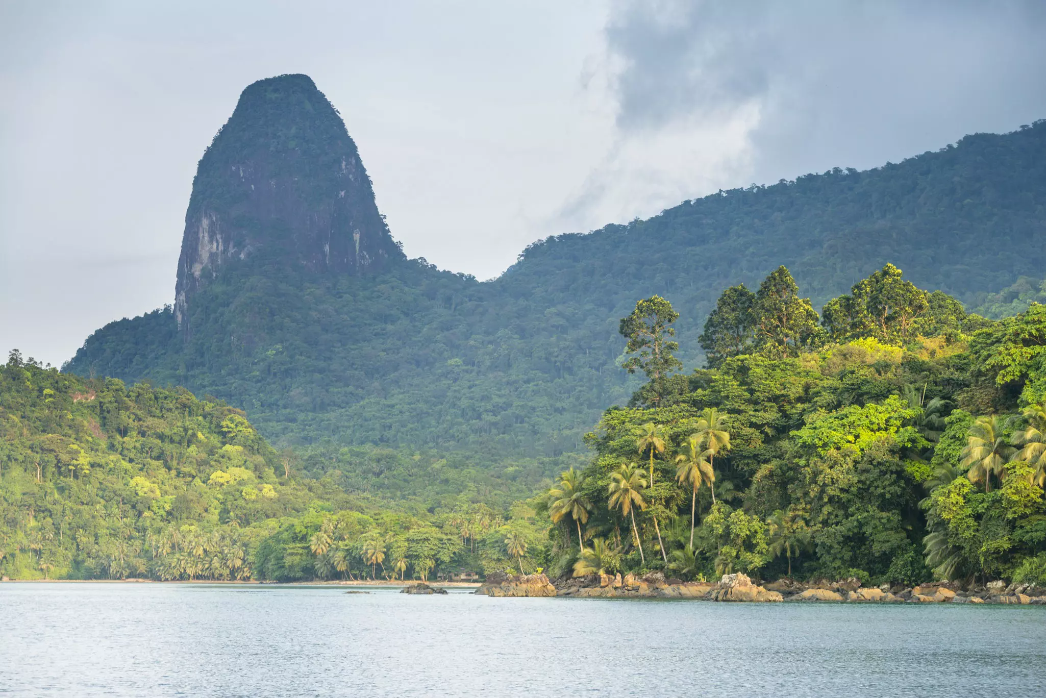 Dramatic outcrops at the Baía das Agulhas on Príncipe, São Tomé and Príncipe. 
