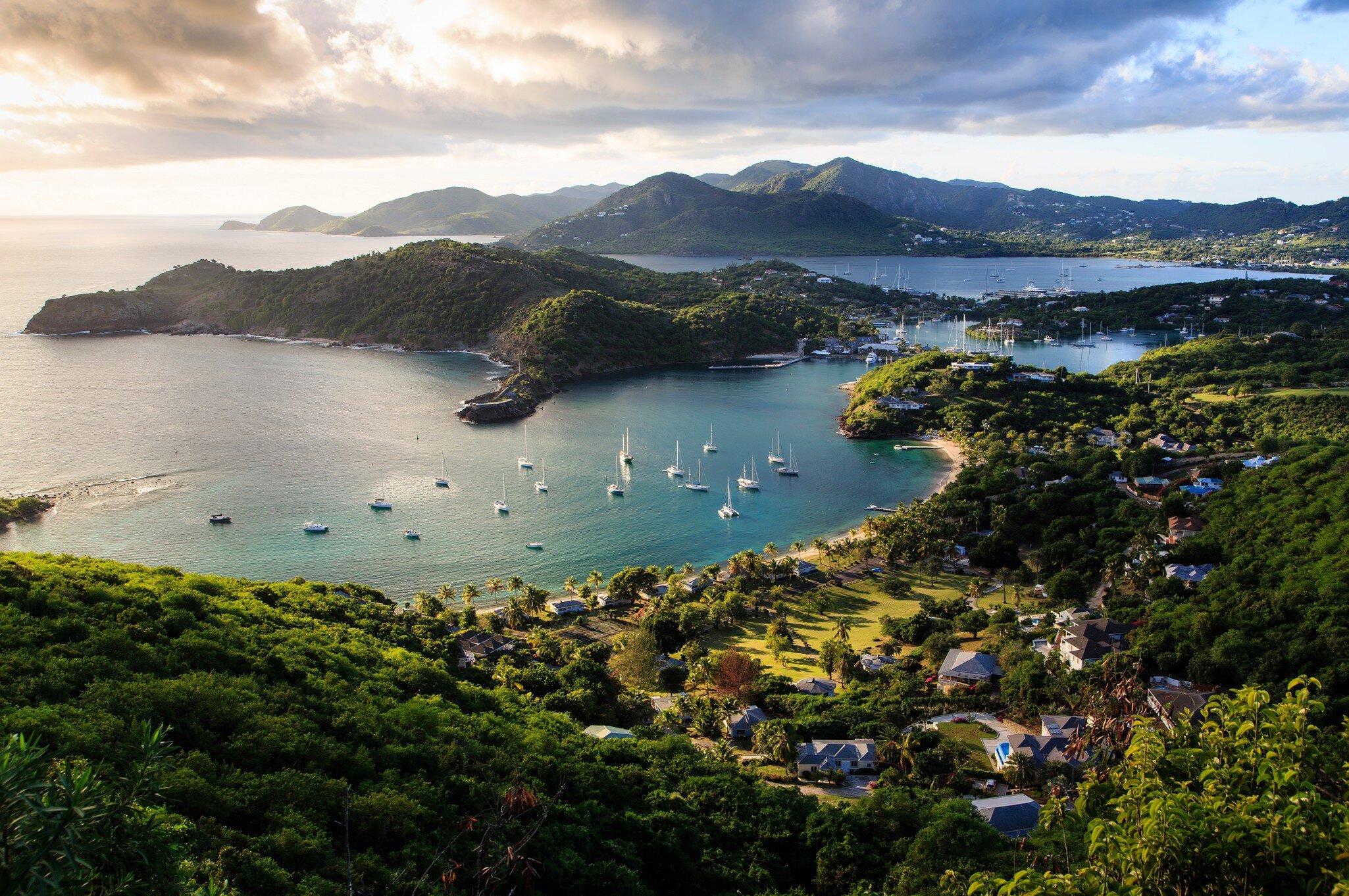 View overlooking English Harbor, Antigua & Barbuda
sunset, water, clouds, boats, cove, caribbean, scenic, antigua, english harbor, barbuda, falmouth bay