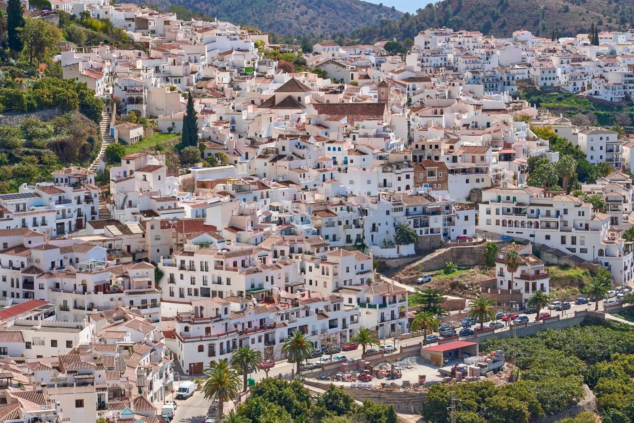 Aerial view of the white village of Frigiliana in Andalusia, Spain