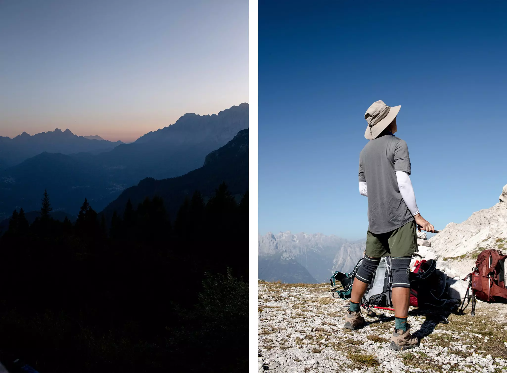 Left: Mountain silhouettes in the Dolomites at dusk. Right: a man in hiking gear looks over distant mountains with backpacks at his feet.