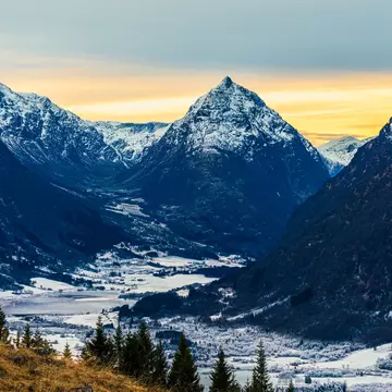 Snowcapped mountain peaks in Vestland, Norway. Sergio Formoso/Getty Images