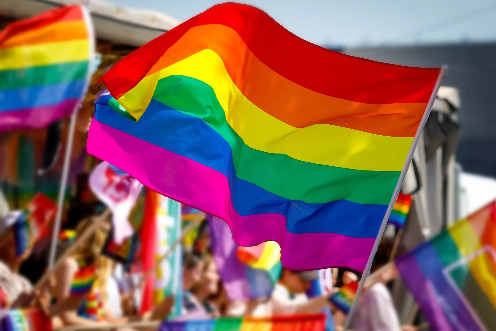 Lgbt pride rainbow flag during parade in NYC, USA at a Pride parade