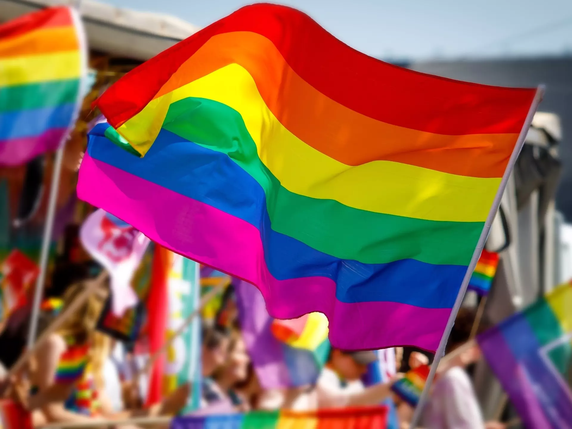 Lgbt pride rainbow flag during parade in NYC, USA at a Pride parade