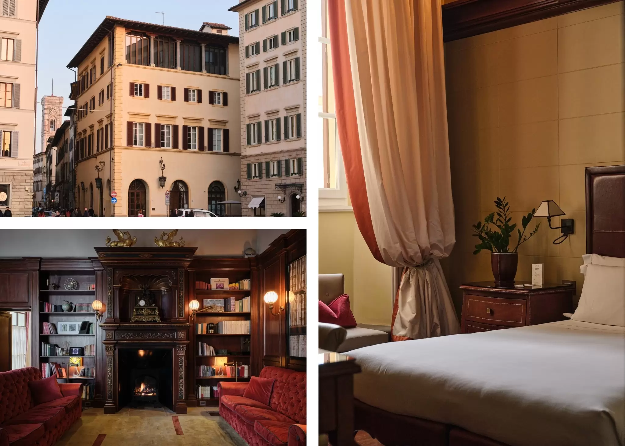 Collage
Courtesy images from Hotel L’Orologio in Florence, Italy
To be used in "where to stay in Florence"
Credit: Hotel L’Orologio Florence

Top left: The facade of Hotel L’Orologio Florence. Right: A guest room. Bottom left: The Library. Hotel L’Orologio Florence (3)