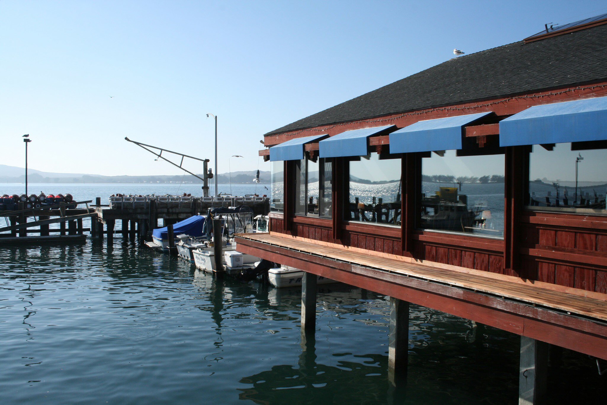 Pier with fishing equipment at Lucas Wharf restaurant, on Bodega Bay in Sonoma County, California